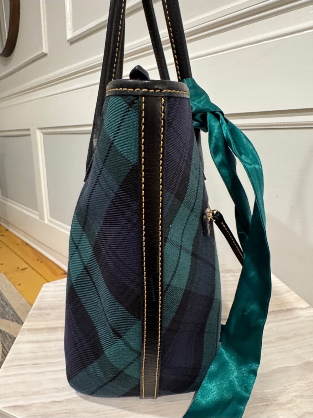 Dooney & Bourke Bag Plaid Tartan Green and Navy Tote Bag - Picture 7 of 17